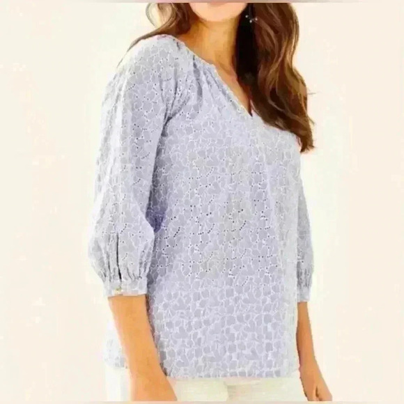 Lilly Pulitzer Willa Blue White Embroidered Eyelet Long Balloon Sleeve Top M - Picture 1 of 7